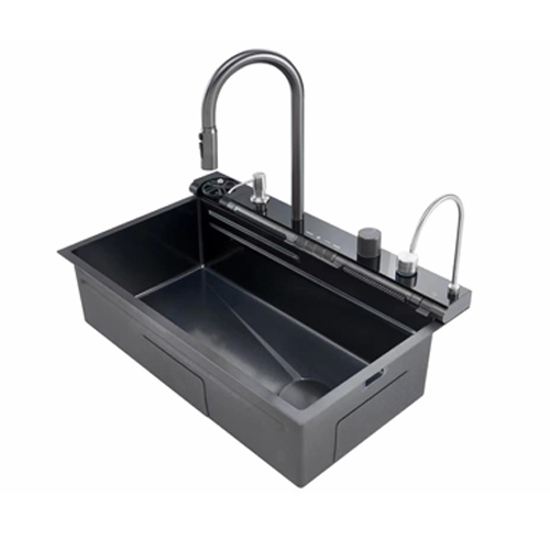 30" Black Kitchen Sink - Drop In Workstation, 304 Stainless Steel Waterfall Sink, Nano Coating